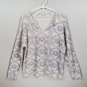 Lucky Brand Size M Blue Cream Patterned Waffle Knit V Neck Long Sleeve Top